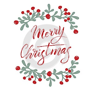 Merry Christmas typography cute card with decorative leaves. Traditional xmas holiday greeting banner. Modern lettering party