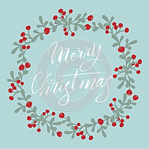 Merry Christmas typography postcard with nice frame. Traditional xmas holiday greeting text. Modern lettering party invitation.