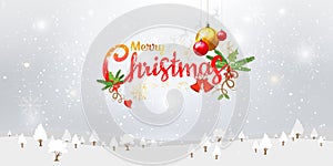 Merry Christmas typography and Xmas ornaments with winter snow,