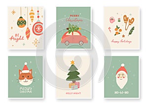 Merry Christmas unique hand drawn poster set. Santa, xmas tree, red car, gift box, balls. Happy Holiday card. Hand