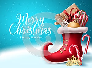 Merry christmas vector background design. Christmas greeting text with 3d realistic red santa shoe