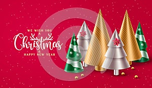 Merry christmas vector background design. Christmas and happy new year greeting text with xmas tree, snowflakes