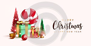 Merry christmas vector background design. Merry christmas and happy new year text with candy cane, gifts, balls and xmas trees.