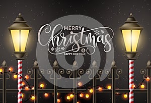 Merry christmas vector background design. Merry chirstmas greeting text in night snow background