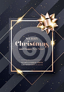 Merry Christmas Vector Background. Minimalist Xmas 2020 Party Invitation, Card, Poster, Cover Template in Dark Black and Rose Gold