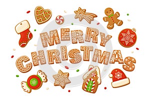 Merry Christmas vector backgrounds. Cartoon gingerbread cookies for celebration design. Delicious homemade pastries.