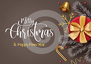 Merry christmas vector banner background template. Merry christmas text with red gift, gold decoration and leaves for holiday.