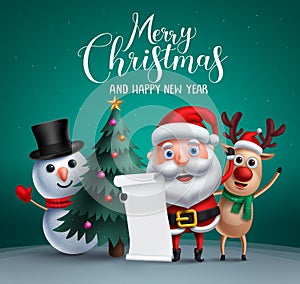 Merry christmas vector banner design with christmas character like santa claus, reindeer and snowman
