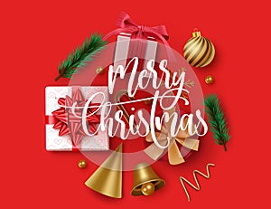 Merry christmas vector banner design. Merry christmas text with colorful xmas decoration element in red background.