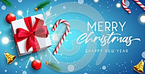 Merry christmas vector banner set. Merry Christmas greeting text with gifts, candy canes, bells and balls elements for xmas season
