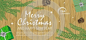 Merry christmas vector card, banner with pine, branch and gift on brown wood dest