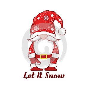 Merry Christmas vector card with cute hand drawn gnome and lettering Let it Snow isolated on white background. Illustration for