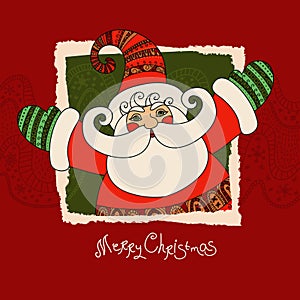 Merry Christmas vector card with Santa Claus and hand drawn `Merry Christmas` lettering. Vector illustration. EPS 10