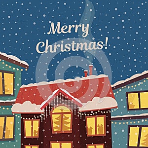 Merry Christmas vector card in subdued retro colors. Winter town in christmas lights and snowfall.