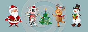 Merry Christmas Vector Character Set. Santa Claus, Snowman, Deer and Ox. Cute Funny Macots