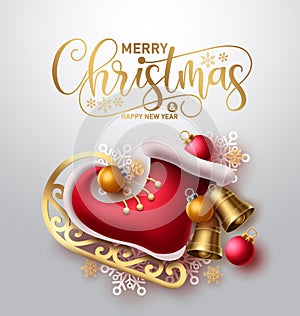 Merry christmas vector concept design. Merry christmas greeting text with 3d red skating shoe