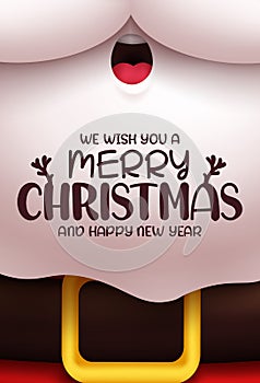 Merry christmas vector concept design. Merry christmas and happy new year text in santa claus character white beard for holiday.