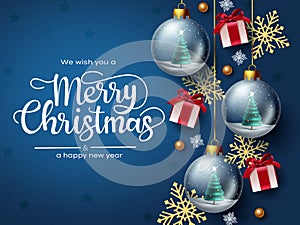 Merry christmas vector design. Merry christmas greeting text with gift, crystal ball and snow flakes element in blue background.