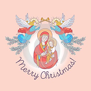 Merry Christmas. Vector greeting card. The virgin Mary and the b
