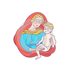 Merry Christmas. Vector greeting card. The virgin Mary and the b