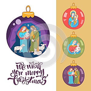 Merry Christmas. Vector greeting card. Virgin Mary, baby Jesus a