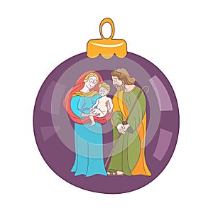 Merry Christmas. Vector greeting card. Virgin Mary, baby Jesus a