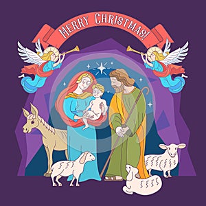 Merry Christmas. Vector greeting card. Virgin Mary, baby Jesus a