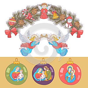 Merry Christmas. Vector greeting card. Wreath of Christmas trees