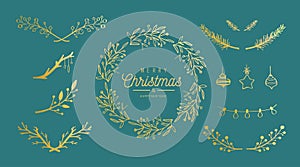 Merry Christmas vector hand drawn decoration set. Christmas wreath, mistletoe brunches, berrie