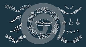 Merry Christmas vector hand drawn decoration set. Christmas wreath, mistletoe brunches, berrie