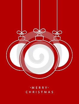 Merry Christmas! Vector hanging abstract line Christmas balls with white circles on a string with a bow on a red background.