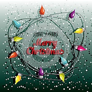 Merry Christmas! Vector illustrated card with electric lamp garland. Colorful holiday party poster design.