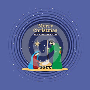 Merry christmas vector illustration - Birth of Christ Birthday Jesus , Nightly christmas scenery mary and joseph in a manger with