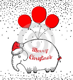 Merry Christmas vector illustration with hand drawn elephant