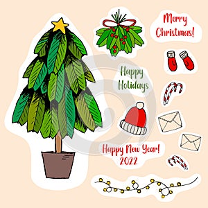 Merry Christmas. Vector Illustration. Happy New Year Stickers.