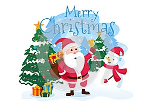 Merry Christmas Vector Illustration with Santa Claus, Bauble Ball, Gift Box, Surprise Gifts, Trees and Snow Background