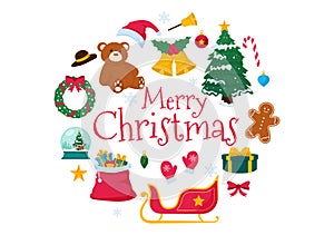 Merry Christmas Vector Illustration with Santa Claus, Bauble Ball, Gift Box, Surprise Gifts, Trees and Snow Background