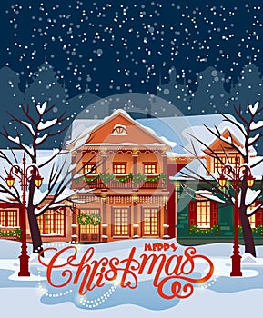 Merry Christmas vector illustration. Snowy town at holiday eve. Merry Christmas and Happy New Year greeting card