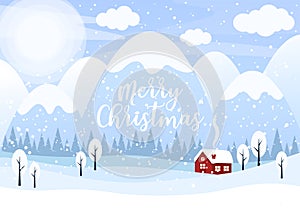 Merry Christmas vector illustration. Winter landscape background with snowy sky, mountains, forest, trees and country house