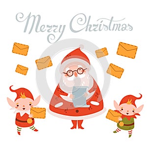 Merry christmas vector postcard with Santa Claus with elfes and letter