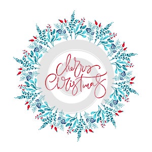 Merry Christmas vector scandinavian calligraphic vintage text. Winter Wreath with xmas phrase. Greeting card template