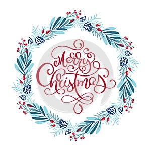 Merry Christmas vector scandinavian calligraphic vintage text. Winter Wreath with xmas phrase. Greeting card template