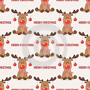 Merry Christmas. Vector Seamless Pattern with Christmas Cute Reindeer with Christmas Balls on the Horns in Flat Style