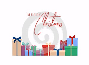 Merry Christmas vector text Calligraphic Lettering design card template. Gift boxes bunch. Isolated on white