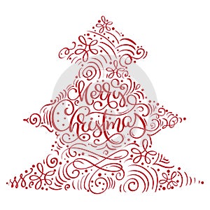 Merry Christmas vector text Calligraphic Lettering the form of a Christmas tree.