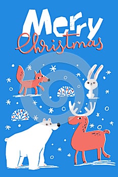 Merry Christmas vector winter poster with cute animals