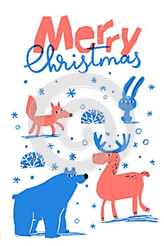 Merry Christmas vector winter poster with cute animals