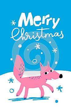 Merry Christmas vector winter poster with cute fox