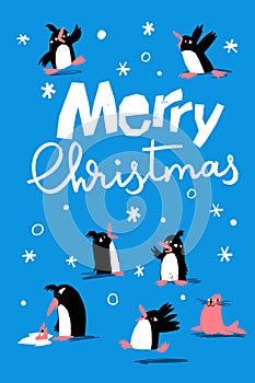 Merry Christmas vector winter poster with cute penguins