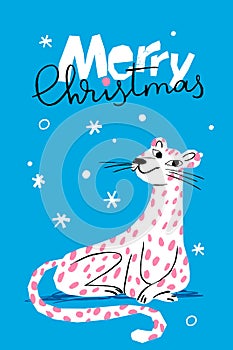 Merry Christmas vector winter poster with cute snow leopard
